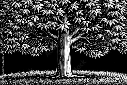 Sturdy maple tree with wide canopy and distinctive pointed leaves, a black and white sketch vector hand drawn