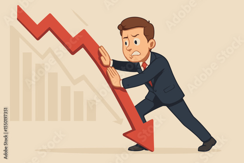Businessman pushing red downward arrow symbolizing financial crisis, market decline, economic recession, business failure, loss, risk management, resilience, trying to stop falling graph vector
