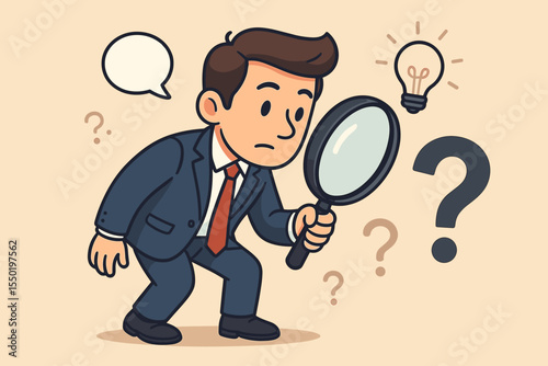 Businessman Searching for Answers Magnifying Glass Concept, Problem Solving, Customer Support, Information Service, Finding Solutions, Cartoon Character, Confusion, Idea Light Bulb Vector Illustration