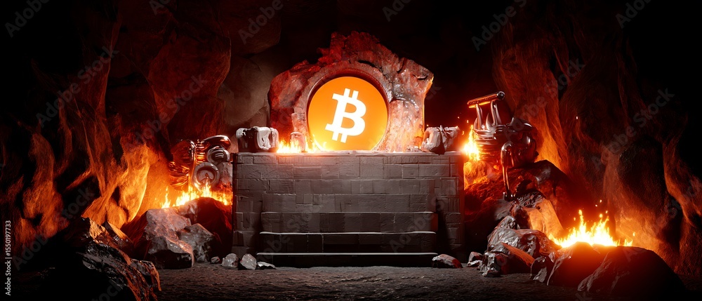 Obraz premium Bitcoin altar in fiery cavern