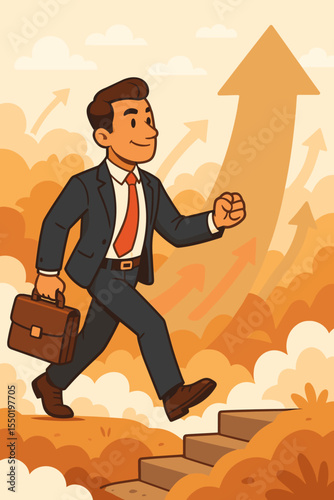 Ambitious businessman climbing stairs toward success, new business goals, growth opportunities, achieving career aspirations, metaphor for progress, leadership, ambition, vector illustration