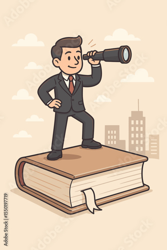 Businessman stands on giant book using telescope to search for new business opportunities, innovation, solutions, leadership vision, success, corporate strategy, future growth, urban cityscape