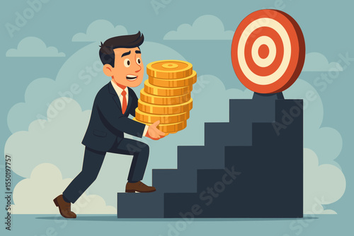 Ambitious businessman carrying stack of gold coins up staircase towards target, financial success, business goal achievement, investment growth, motivation, wealth and prosperity concept illustration