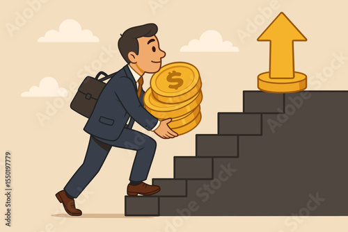 Ambitious businessman in suit climbing stairs with gold coins, financial growth success concept, upward arrow, career development, wealth management, investment progress, cartoon vector illustration