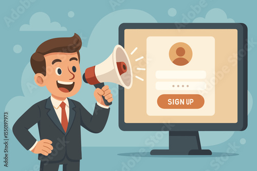 Cartoon businessman with megaphone promoting sign up, call to action marketing, user registration onboarding, online advertising, website landing page, digital marketing strategy vector