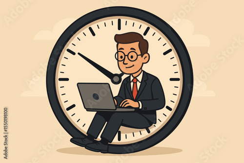 Businessman sitting inside giant clock working on laptop. Time management, productivity, deadline pressure, multitasking, efficiency, work stress, business concept. Vector cartoon illustration.