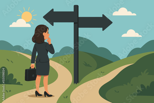 Businesswoman standing at crossroads sign, making important career decision, choosing between two paths, future direction, dilemma, concept of opportunity, risk and success, vector illustration