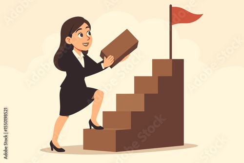 Ambitious businesswoman building steps to career success with determination, personal growth, achievement, self-improvement, upward progress, leadership goals. Vector illustration concept