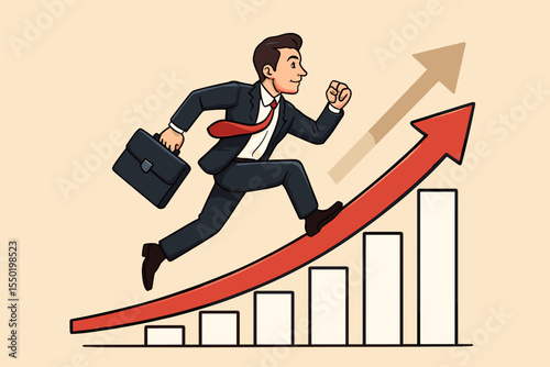 Ambitious businessman climbing bar chart arrow, symbolizing career growth, professional achievement, success, financial progress, leadership, determination, personal development. Vector illustration