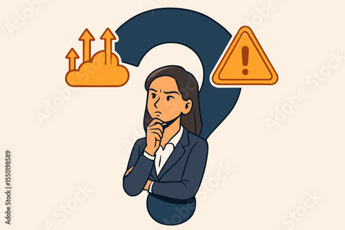 Businesswoman decision making weighing risks and opportunities vector. Career choice concept. Question mark, dilemma, challenges, growth, warning sign. Professional female thinking illustration