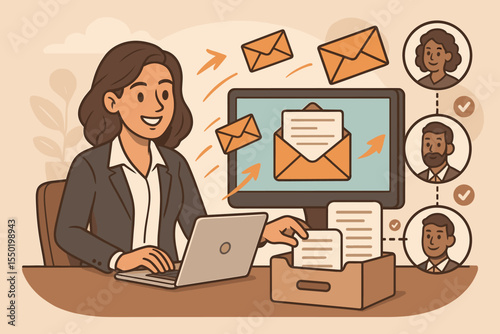 Businesswoman conducting email marketing campaign, building targeted mailing list, communicating with clients, digital outreach strategy, office workspace, professional networking concept vector