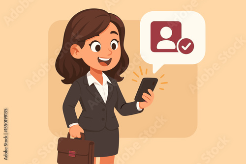 Professional businesswoman cartoon character receives notification on smartphone, social media account verification, new message alert, online communication, office concept vector illustration