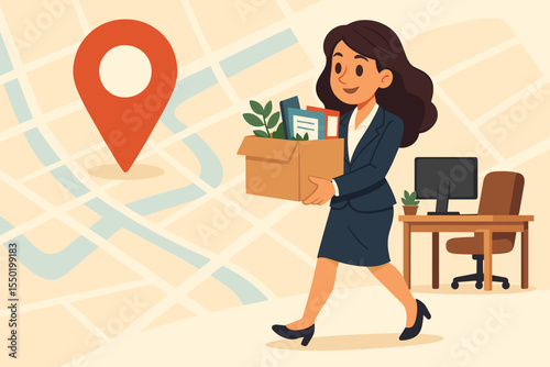 Businesswoman office relocation with moving box, workplace transition, new job location marked on map, career change, corporate move, employee transfer, vector business concept illustration