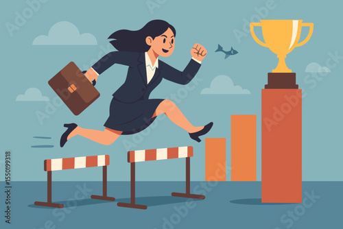 Ambitious businesswoman jumping over hurdles with briefcase, overcoming obstacles, persistence, career growth, competition, striving for success, achievement trophy, leadership concept vector