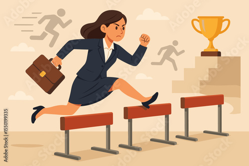 Businesswoman jumping over hurdles with briefcase, overcoming obstacles, career success, business competition, leadership, persistence, ambition, achievement, winning trophy, vector illustration