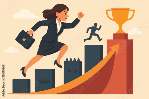 Determined businesswoman overcoming obstacles, jumping over career hurdles, competing for success, climbing growth chart to trophy. Ambition, persistence, leadership, professional achievement vector