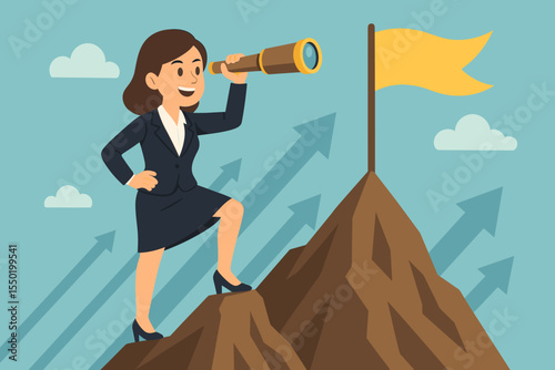 Ambitious businesswoman on mountain peak with telescope, vision for future, achieving goals, leadership, success, motivation, career growth, finding opportunities, corporate strategy concept