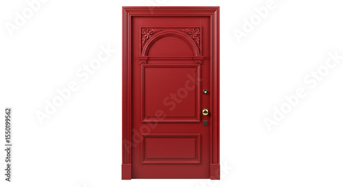 classic red door with ornate trim on a white background 