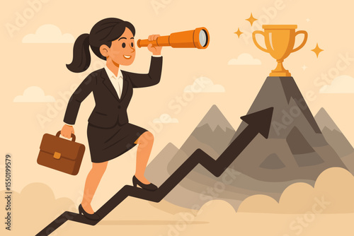 Ambitious businesswoman climbing success graph, searching for goals with telescope, achieving career growth, leadership, motivation, professional achievement, mountain top trophy vector illustration