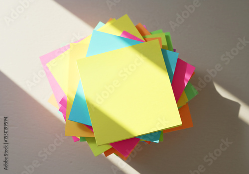Brightly Colored Sticky Notes Organization and Ideas Stacked High for Productivity and Planning