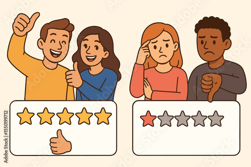 Diverse People Showing Positive and Negative Customer Reviews, Five Star and One Star Ratings with Thumbs Up and Thumbs Down Feedback, Customer Experience Concept Vector Illustration
