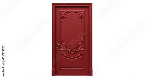 classic red door with ornate trim on a white background 