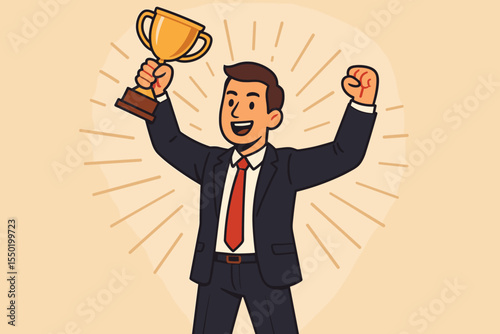 Triumphant businessman celebrating success, holding winner’s trophy, career achievement, leadership, business victory, motivation, office worker reward, award recognition, vector illustration
