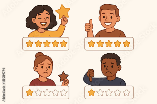 Customer review rating concept. Cartoon people giving five star and one star feedback. Positive and negative rating. User experience. Satisfaction level, thumbs up and down. Vector illustration