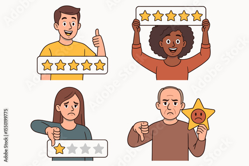 Diverse people showing five star and one star customer feedback, cartoon vector illustration. Positive and negative ratings, thumbs up and down, happy and sad review, satisfaction survey concept