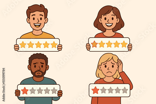 Diverse cartoon customers holding five star and one star rating cards, positive and negative feedback, product review concept, user satisfaction, client evaluation, service quality assessment vector