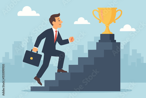 Ambitious businessman climbing stairs toward golden trophy. Career growth, business success, achievement, reaching goals, ambition, leadership, motivation. Vector illustration concept