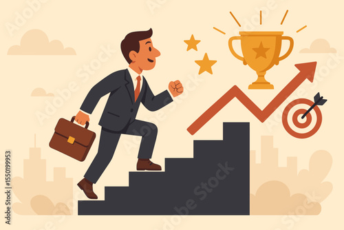 Ambitious businessman climbing stairs reaching trophy, career growth, professional success, goal achievement, leadership, motivation, business progress, vector illustration concept