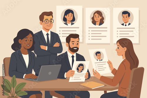 HR team interviewing candidates, reviewing resumes and CVs, recruitment process, talent acquisition, employee selection, business meeting, hiring discussion, vector illustration, office concept