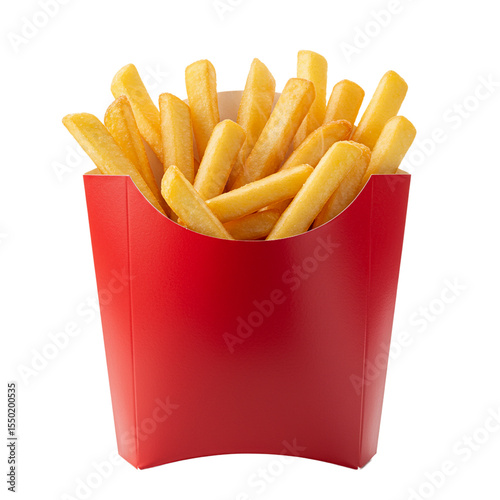 crispy french fries in a red paper container on a white background