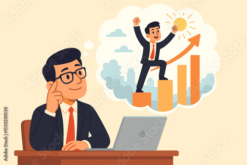 Ambitious businessman thinking of success, motivation, achieving goals, dreaming big, career growth, leadership, planning future, creative vision, business strategy, vector illustration concept