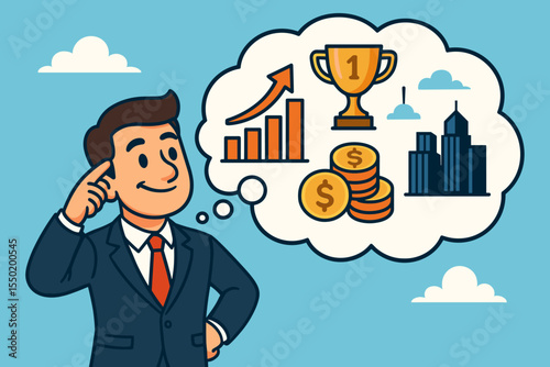 Ambitious businessman dreaming of financial success, career growth, business achievement, wealth, profit, motivation, cityscape progress, leader mindset, and corporate victory. Vector illustration.