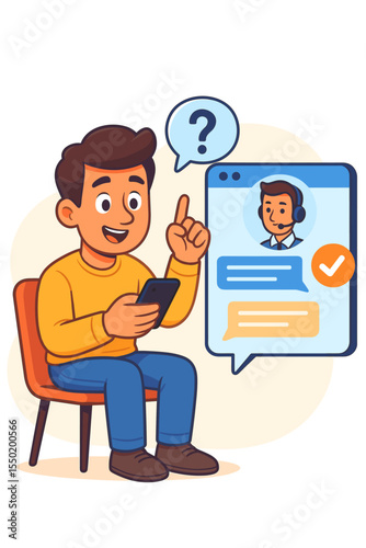 Customer support chat concept. Client seeking help online with mobile phone. Consulting service conversation. Cartoon man asking question via app. Technical assistance vector illustration.