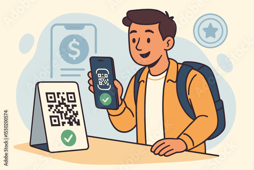 Modern cashless payment concept. Man scanning QR code with smartphone for mobile payment, digital wallet, contactless transaction, online banking, loyalty program. Vector cartoon illustration.