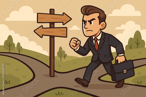 Businessman at Crossroads Making Decision. Concept Perseverance or Giving Up, Career Choice, Leadership, Motivation, Opportunity, Success Path. Vector Illustration of Ambition and Direction