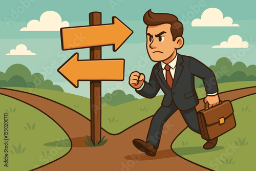 Decision Making at a Crossroads Concept. Businessman in Suit with Briefcase Choosing Direction. Motivation, Perseverance, Career Choices, Opportunity, Pathway, Challenge, Success Vector Cartoon