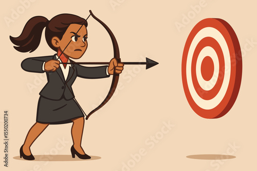Determined Businesswoman Aiming at Bullseye Target, Achieving Ambitious Goals and Success, Focused Female Entrepreneur Hitting Marks, Vector Cartoon Illustration for Business and Motivation
