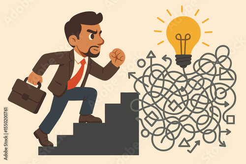Determined businessman ascending staircase facing tangled maze to reach lightbulb, overcoming challenges, solving problems, achieving goals, creative business solution concept, vector illustration