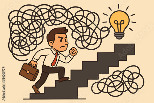 Businessman climbing stairs overcoming confusion to reach bright idea. Problem solving, motivation, success concept. Career growth, leadership. Vector illustration. Innovation, achievement.
