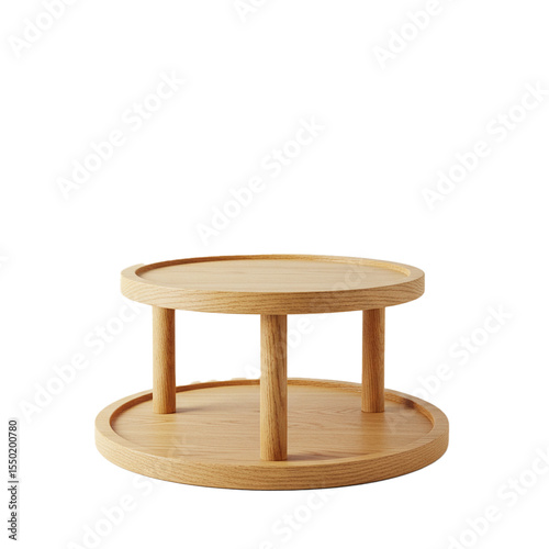 wooden display stand two round tiers natural wood texture isolated on white background 