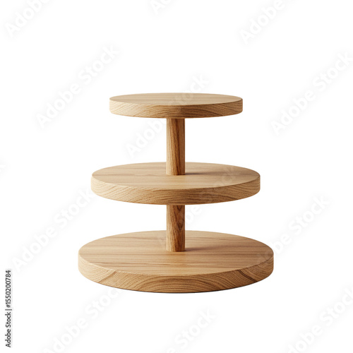 wooden display stand three round tiers natural isolated on white background 
