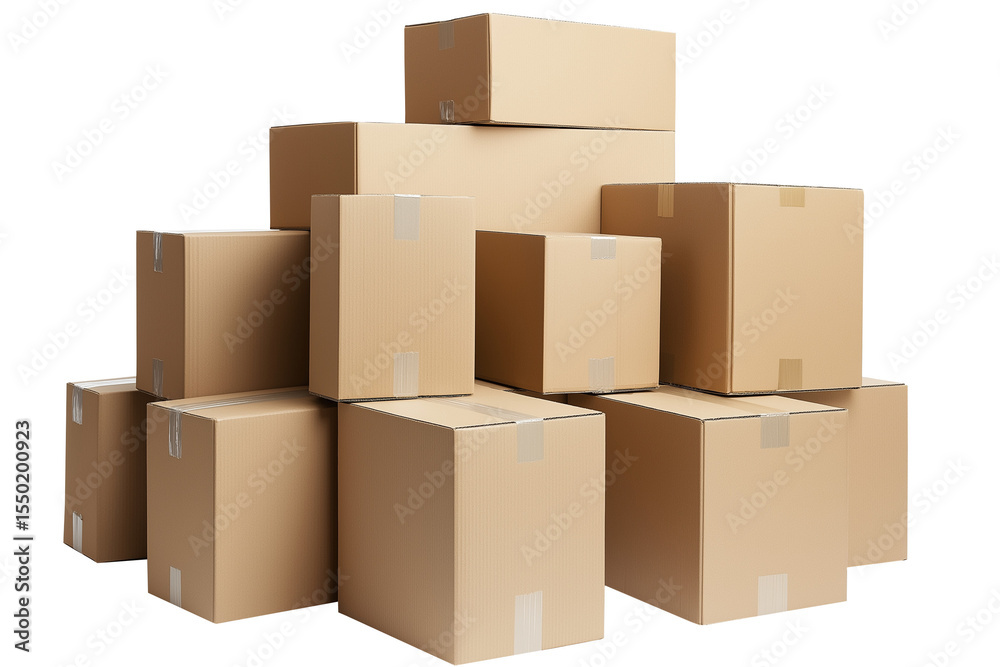 Stacked cardboard boxes on a white or transparent background, ideal for themes of packaging, shipping, delivery, storage, moving, and logistics visuals. Stacked cardboard boxes on a white or transparent background, ideal for themes of packaging, shipping, delivery, storage, moving, and logistics visuals.