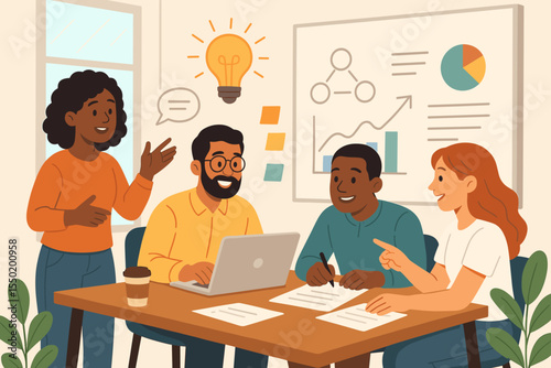 Diverse team collaboration brainstorming project ideas in modern office, creative business meeting, teamwork concept, laptop discussion, group strategy planning, vector illustration