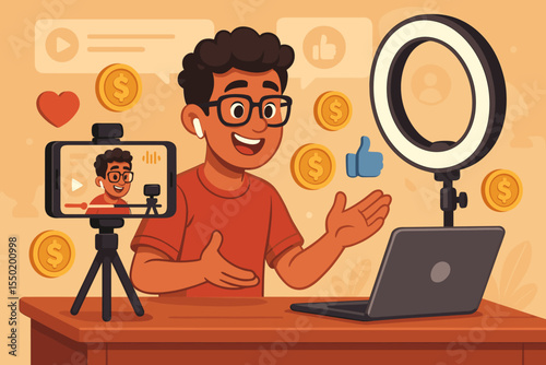 Social Media Content Creator Recording Video with Smartphone, Laptop, and Ring Light for Passive Income and Online Monetization, Engaging Influencer Livestream Concept, Vector Cartoon Illustration