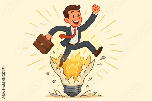 Businessman Jumping Out of Shattered Light Bulb, Symbolizing Breakthrough Innovation, Creative Problem Solving, Entrepreneurship Success, and New Idea Emergence. Vector Cartoon Concept Illustration