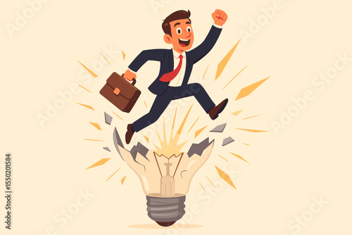 Businessman jumping out of shattered light bulb, breakthrough innovation concept, success idea, entrepreneur breaking barriers, creative leadership, new opportunities, vector cartoon illustration
